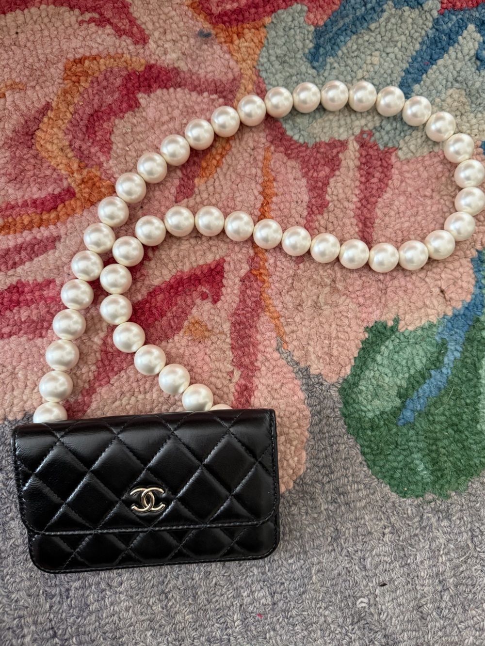 CHANEL Black Quilted Leather Card Holder with Pearl Strap
